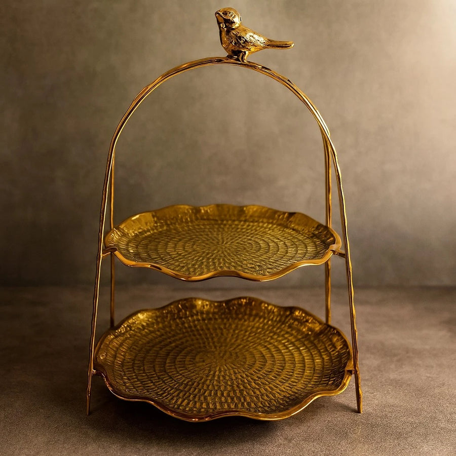2-Tier Gold Serving Stand with Bird Topper