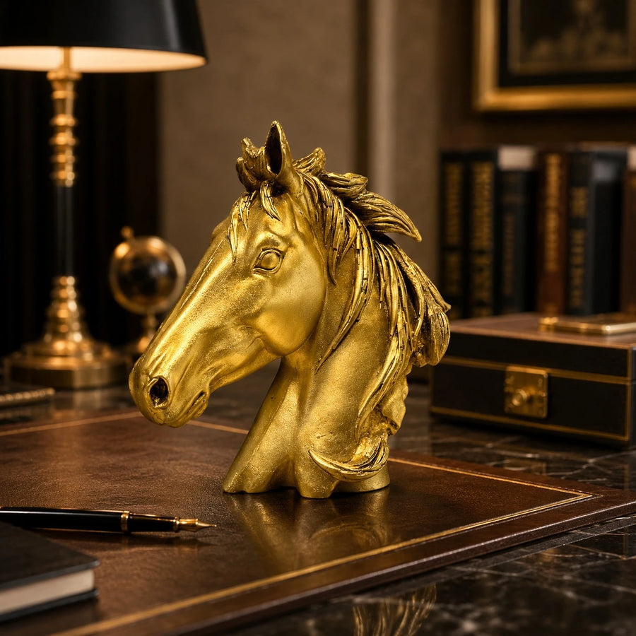 Gold Horse Head Figurine Sculpture Modern Luxury Tabletop Desk Decor Art Ornament