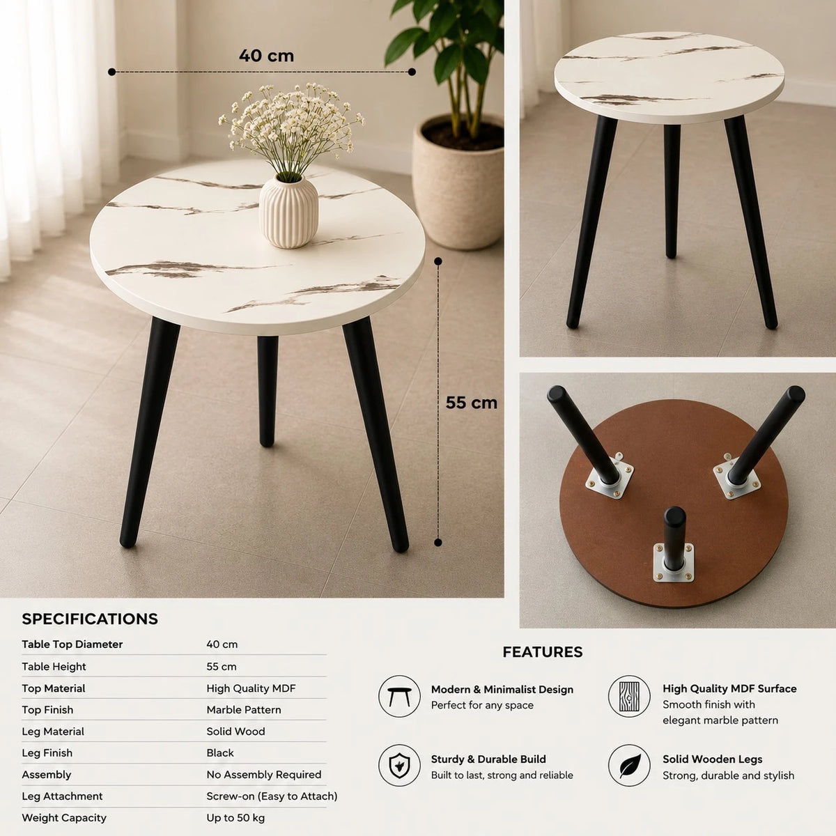 Round Marble Pattern Side Table 40 cm | Modern Coffee Table | Living Room Bedroom Accent Table - Image 6