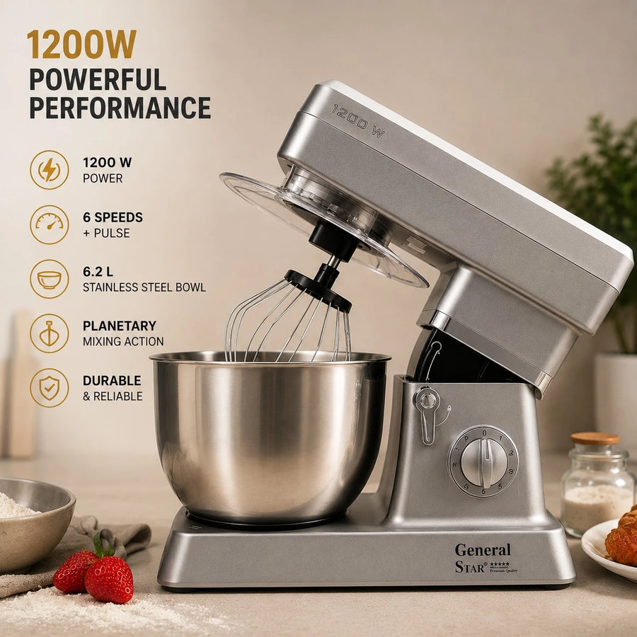 General Star Stand Mixer Kitchen Machine Food Mixer Dough Mixer Electric Baking Mixer 1200W 6.2L Stainless Steel Bowl 6 Speeds Pulse GS1047