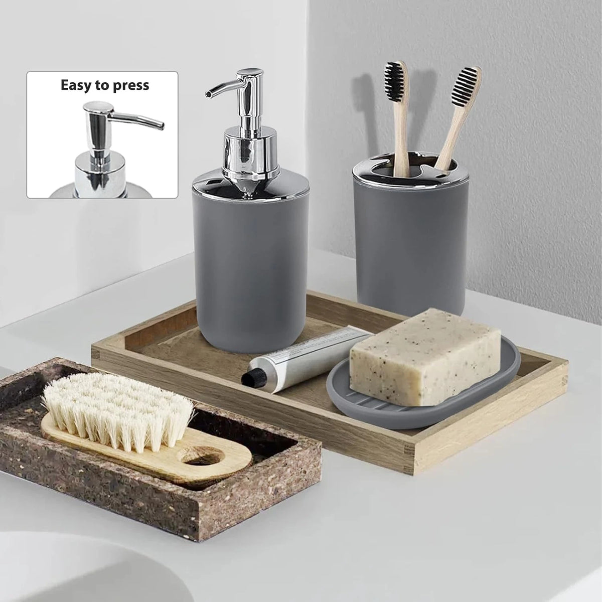 6 Piece Printed Bathroom Accessories Set with Waste Bin Soap Dispenser Toothbrush Holder Soap Dish Rinse Cup and Toilet Brush