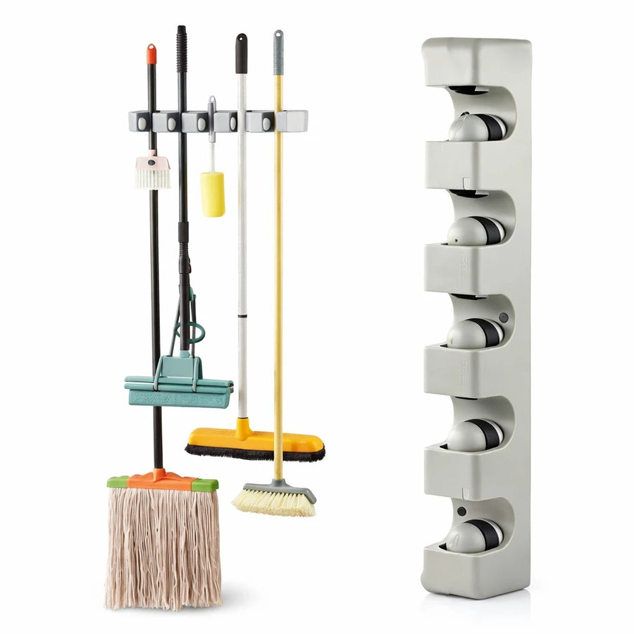 Wall Mounted Mop Broom Holder Organizer With Hooks Heavy Duty Space Saving Cleaning Tools Storage Rack For Home Kitchen Bathroom Garage