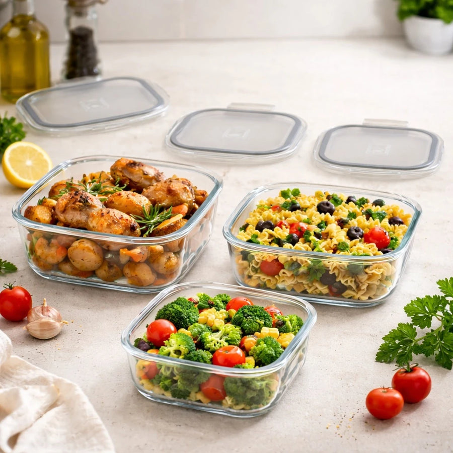 Borart 3 PCS Square Glass Storage Dish Set Borosilicate Turkish Made Plastic Lid Food Container Set