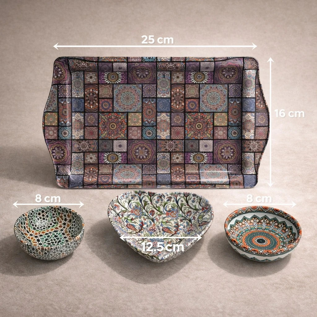 Turkish Metal Serving Tray Set Heart Bowl Saucer Mandala Mosaic Design Coffee Sweet Serving Set Decorative Tray Assorted