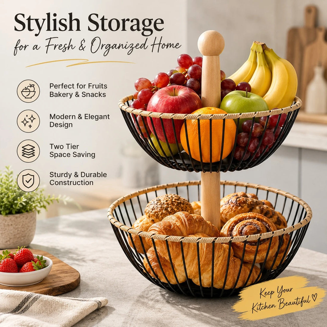 2 Tier Metal Wire Fruit Basket with Wooden Handle Kitchen Countertop Storage Organizer
