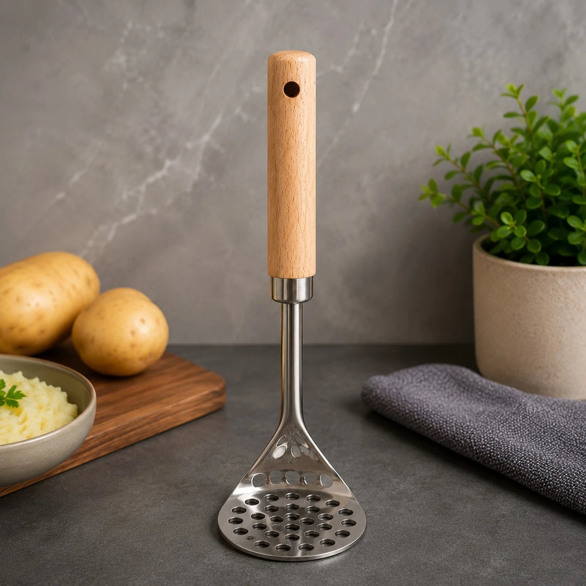 Adawat Stainless Steel Potato Masher Wooden Handle Kitchen Press Masher Vegetable Fruit Food Masher 26.5cm
