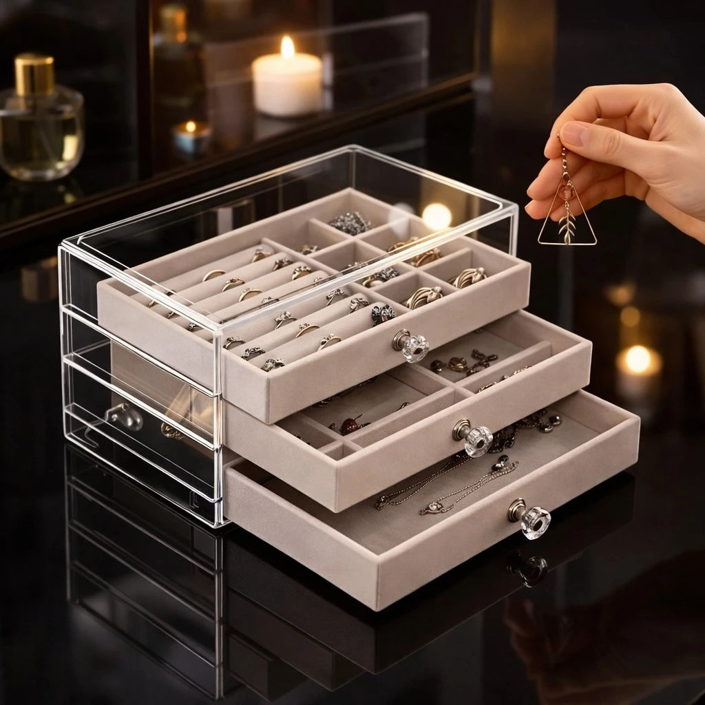 Jewelry Organizer Box Acrylic Storage Case 3 Drawer Makeup Jewelry Storage Display Box Clear Lid - Image 6