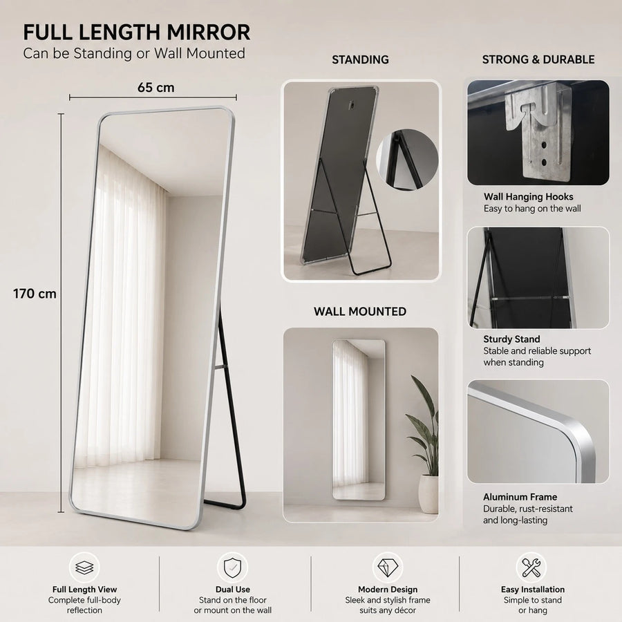 Full Length Floor Standing Mirror Wall Mounted Mirror Aluminum Frame Bedroom Dressing Mirror Home Décor Mirror