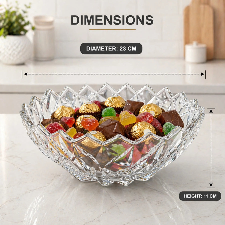 Clear Glass Decorative Bowl Crystal Cut Fruit Candy Serving Bowl Round Elegant Table Centerpiece 23 cm