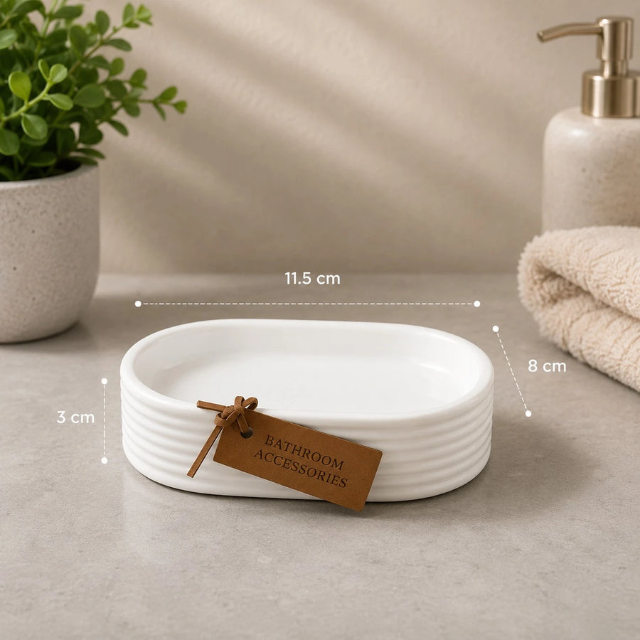 Sanitary Ceramic Bathroom Accessories Toothbrush Holder Organizer Vanity Counter Storage Cup White Ribbed Design