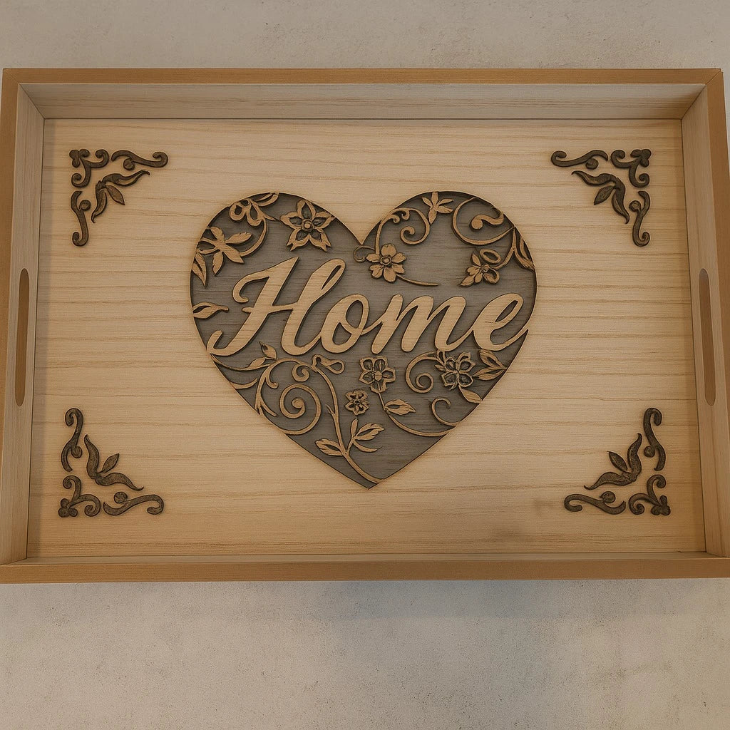 Heart Engraved Wooden Tray Set