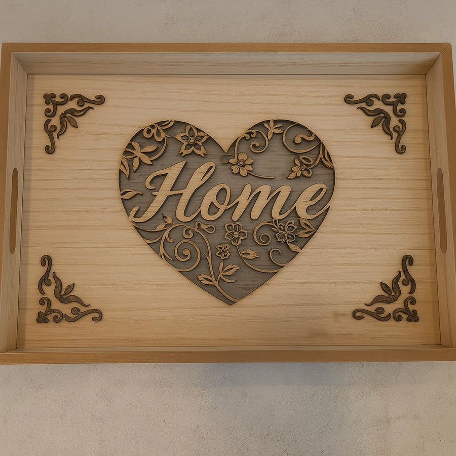Heart Engraved Wooden Tray Set