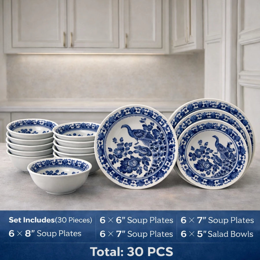 Dinnerware Set 30 Pieces Blue Peacock Porcelain Premium Oriental Plates Style Tableware Ramadan Iftar