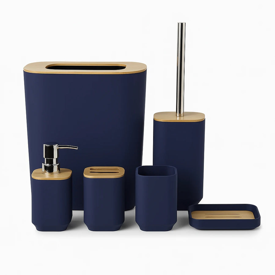 Modern Bamboo Bathroom Set, 6 Pieces Bathroom Accessories Organizer With Soap Dispenser, Toothbrush Holder, Trash Bin and Toilet Brush