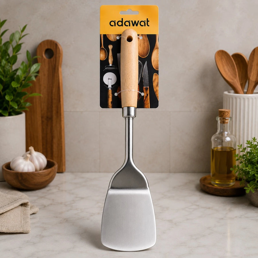Adawat Stainless Steel Kitchen Turner Spatula Wooden Handle BBQ Grill Cooking Pancake Burger Fish Turner 33 cm