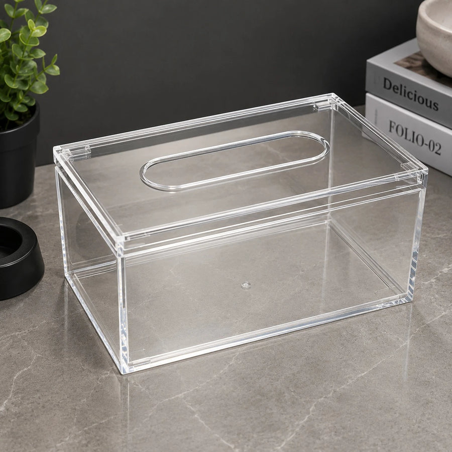 Clear Acrylic Tissue Box Cover Transparent Tissue Holder Tissue Storage Box Modern Desktop Tissue Dispenser Bathroom Office Tissue Organizer