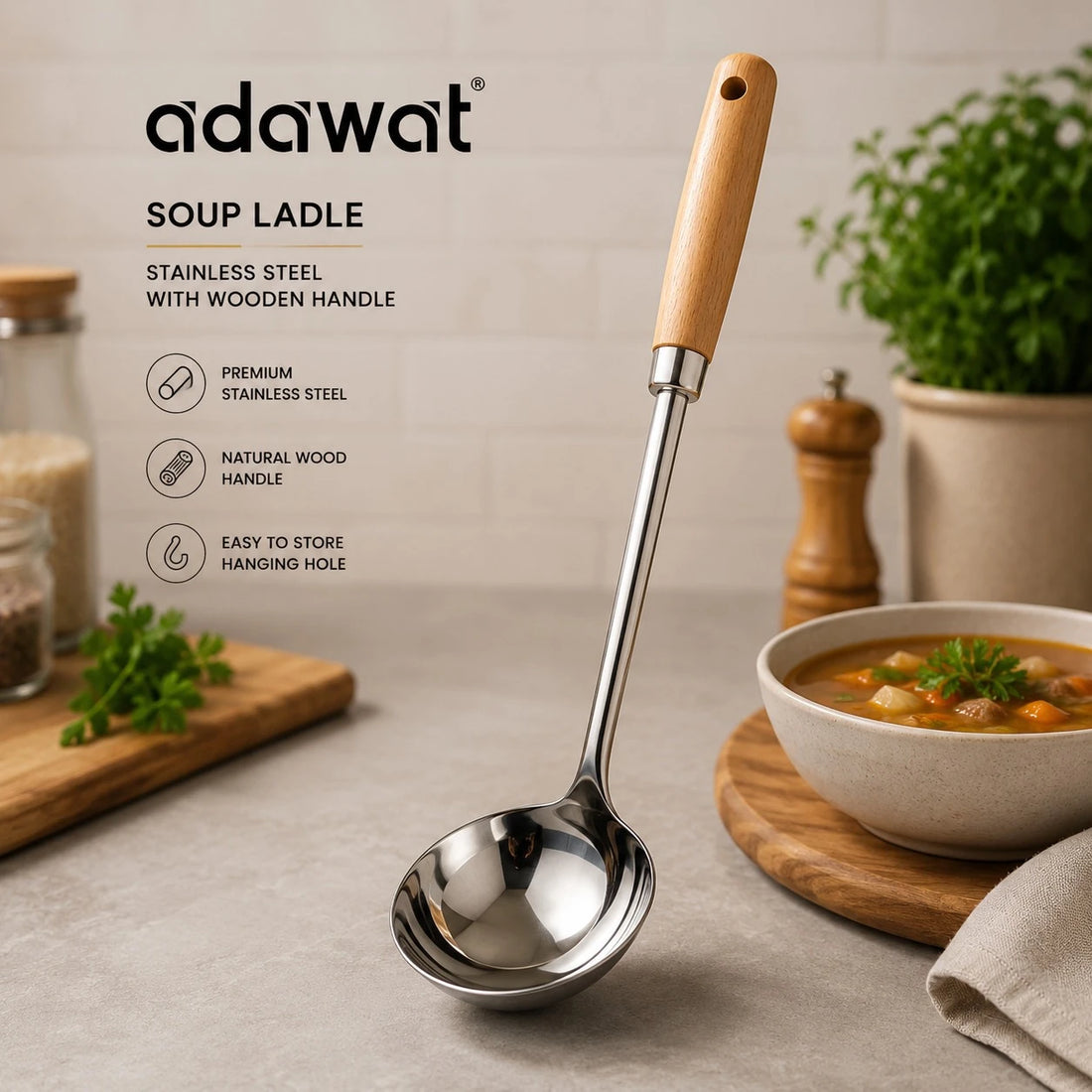 Adawat Stainless Steel Soup Ladle Serving Spoon Wooden Handle Kitchen Soup Server Gravy Ladle Sauce Spoon Cooking Utensil