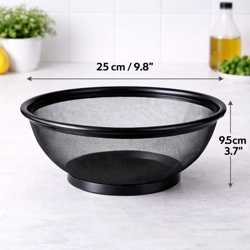 Medium Black Stainless Steel Mesh Colander 25 cm – Heavy-Duty Vegetable & Fruit Strainer, Pasta Drainer & Kitchen Washing Bowl
