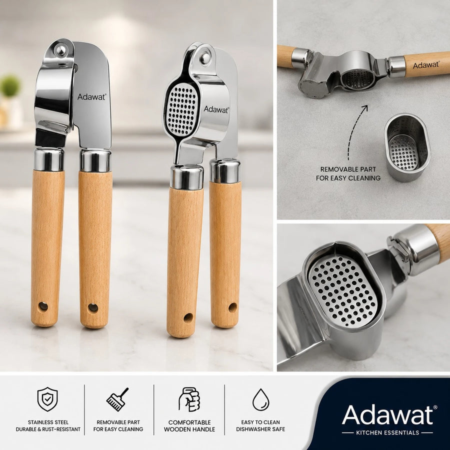Adawat Garlic Press Stainless Steel Garlic Crusher Mincer with Wooden Handle Removable Basket Easy Clean
