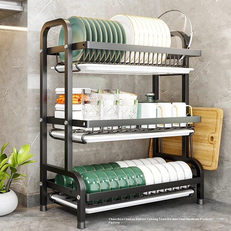 3-Tier Black Dish Drying Rack, Trumpet Model