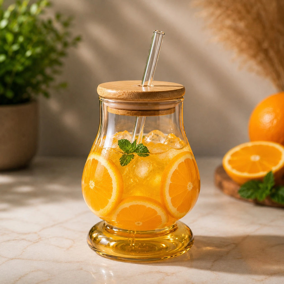 Golden Glass Juice Cup With Bamboo Lid Glass Straw Smoothie Lemonade Iced Coffee Drinking Glass 13.5 cm