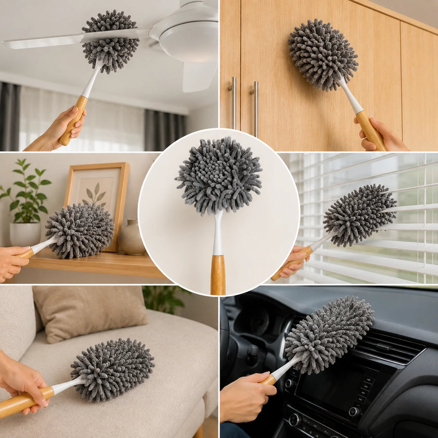 Microfiber Dusting Brush Chenille Duster Cleaning Brush Household Dust Cleaner Wooden Handle Duster
