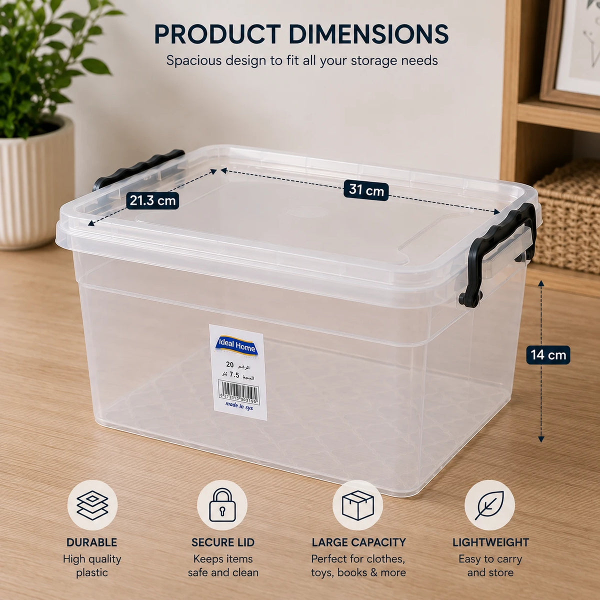 Clear Plastic Storage Box with Locking Lid 7.5 L Stackable Storage Organizer