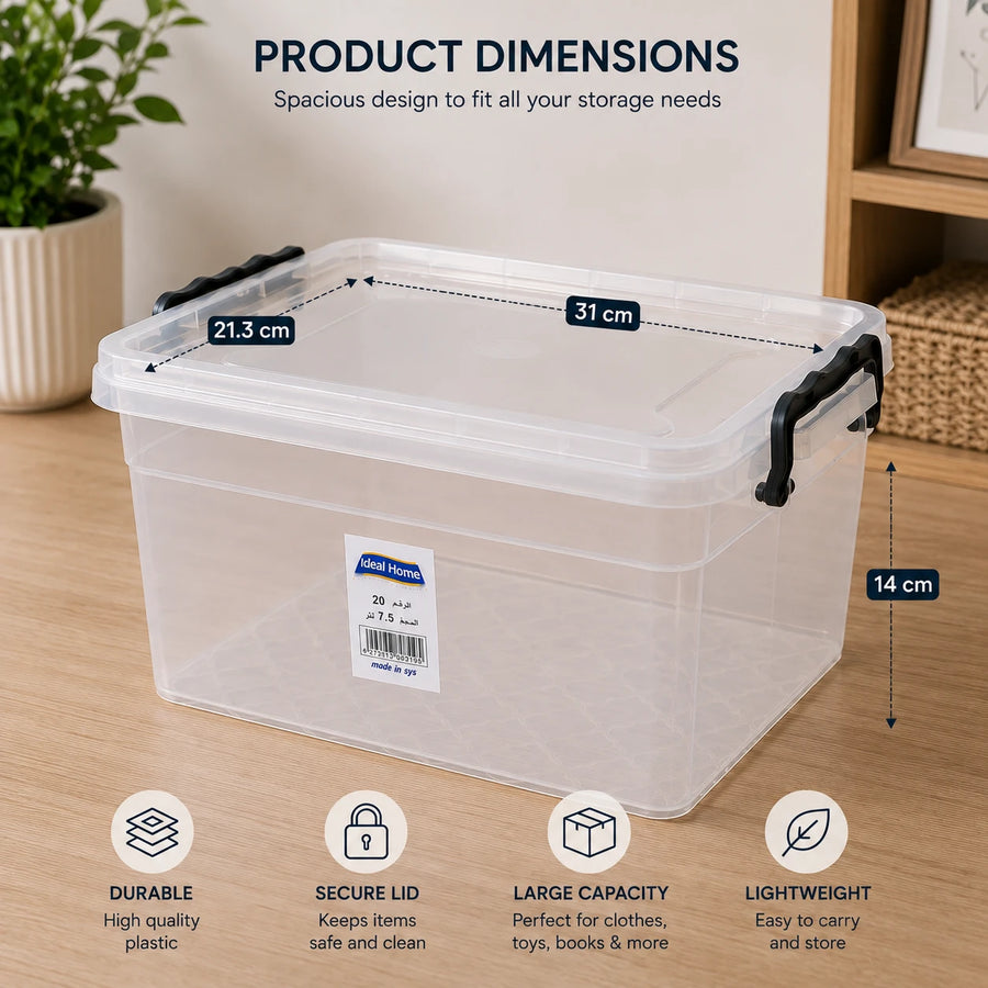 Clear Plastic Storage Box with Locking Lid 7.5 L Stackable Storage Organizer