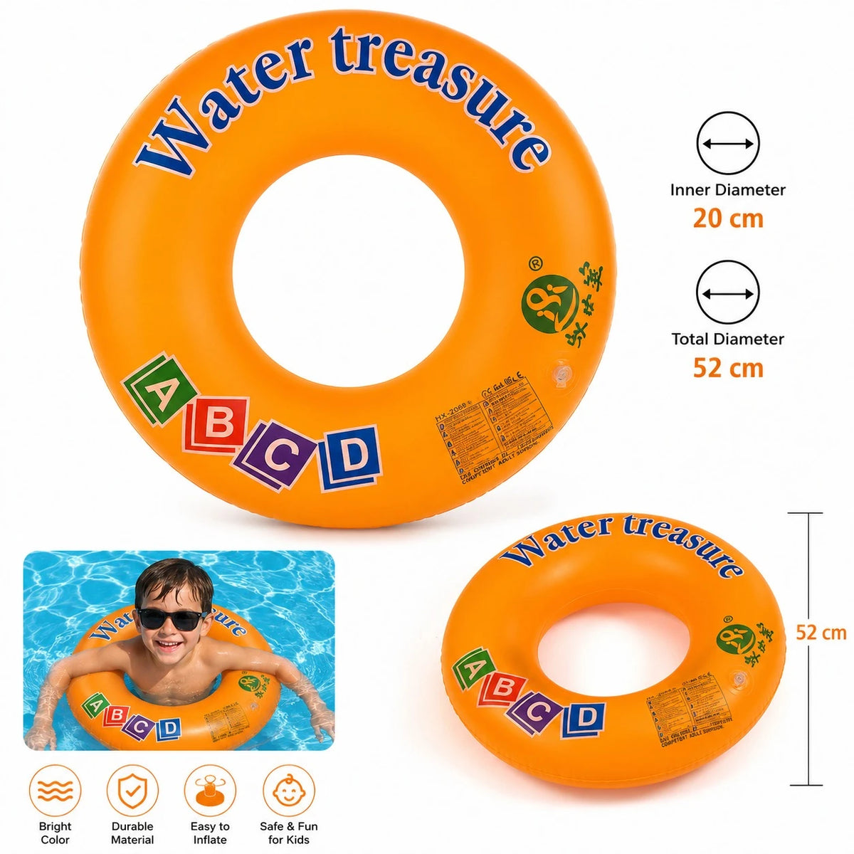 Kids Inflatable Swim Ring 60 cm Colorful PVC Pool Float Tube for Children Orange Blue Yellow