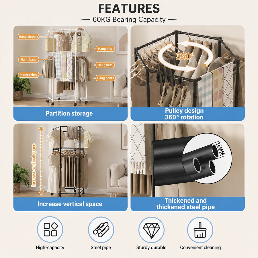 Double Layer Rolling Clothes Rack | Heavy Duty Garment Rack with Wheels Storage Organizer