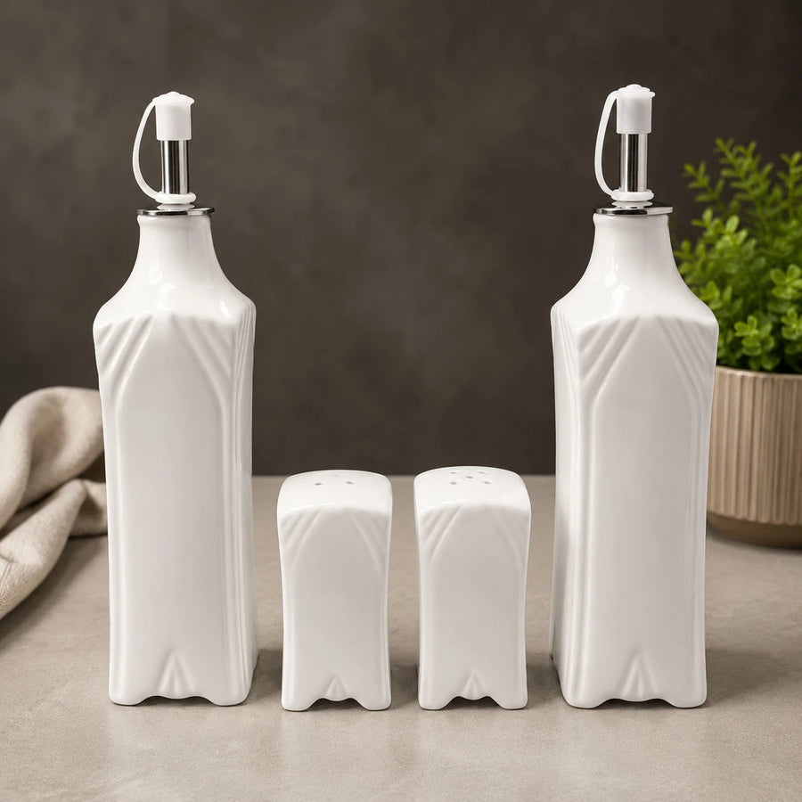 Porcelain Oil Vinegar Salt And Pepper Set Kitchen Condiment Dispenser Bottles With Bamboo Holder