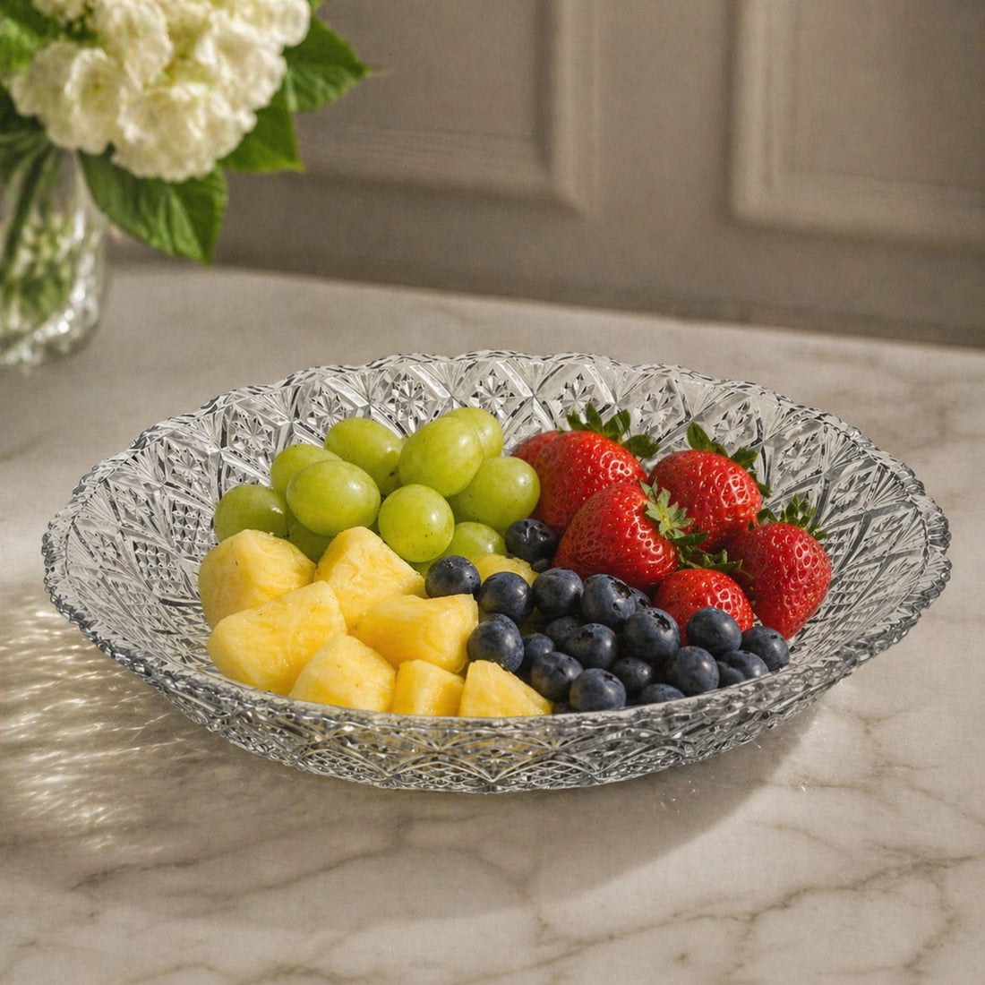 Clear Glass Deep Serving Plate Fruit Dish Decorative Cut Pattern Round Large Serving Tray Dessert Platter Table Centerpiece 30 cm
