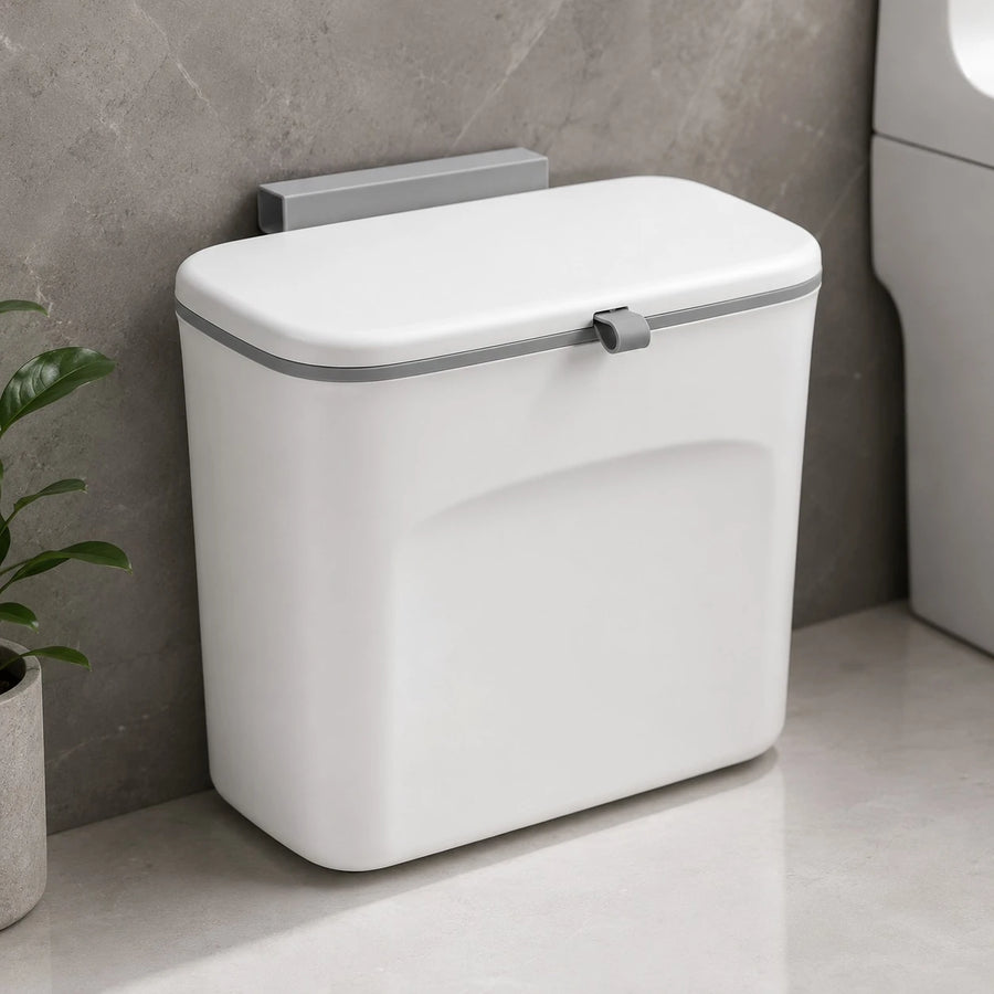 Wall Hanging Kitchen Trash Bin with Lid Cabinet Hanging Garbage Bin Wall Mounted Waste Bin Plastic Trash Can with Adhesive Holder