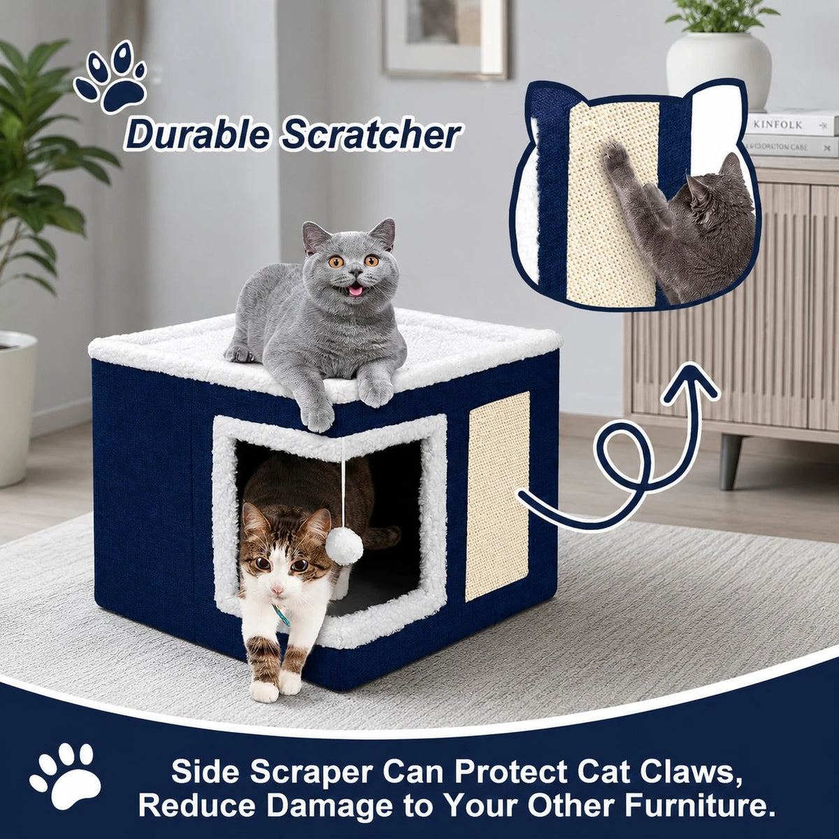 Cat House Bed Scratcher Condo Navy Blue Pet Hideaway Cozy Cat Cube Interactive Cat Cave Indoor Pet Furniture - Image 4