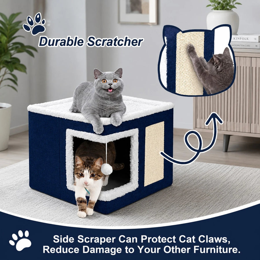 Cat House Bed Scratcher Condo Navy Blue Pet Hideaway Cozy Cat Cube Interactive Cat Cave Indoor Pet Furniture