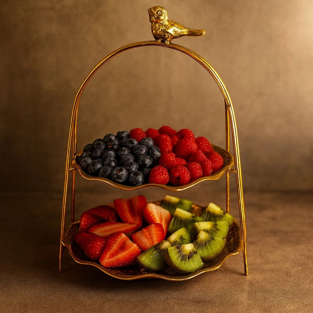 2-Tier Gold Serving Stand with Bird Topper