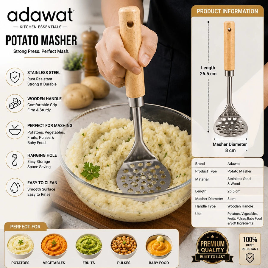 Adawat Stainless Steel Potato Masher Wooden Handle Kitchen Press Masher Vegetable Fruit Food Masher 26.5cm