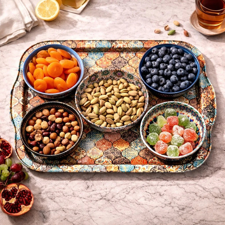 Turkish Serving Tray Set Metal Tray Ottoman Mosaic Mandala Design Coffee Tea Snack Set With 4 Bowls Decorative Serving Tray