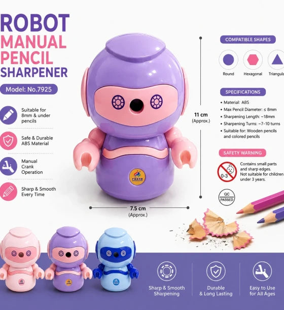 Robot Manual Pencil Sharpener with Crank ABS Pencil Sharpener for Round Hexagonal Triangular Wooden and Colored Pencils