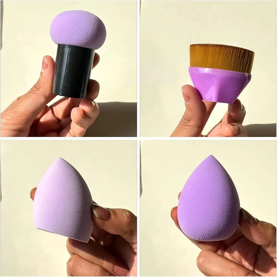 4 Piece Makeup Brush and Sponge Set with Foundation Brush Mushroom Puff and Storage Box