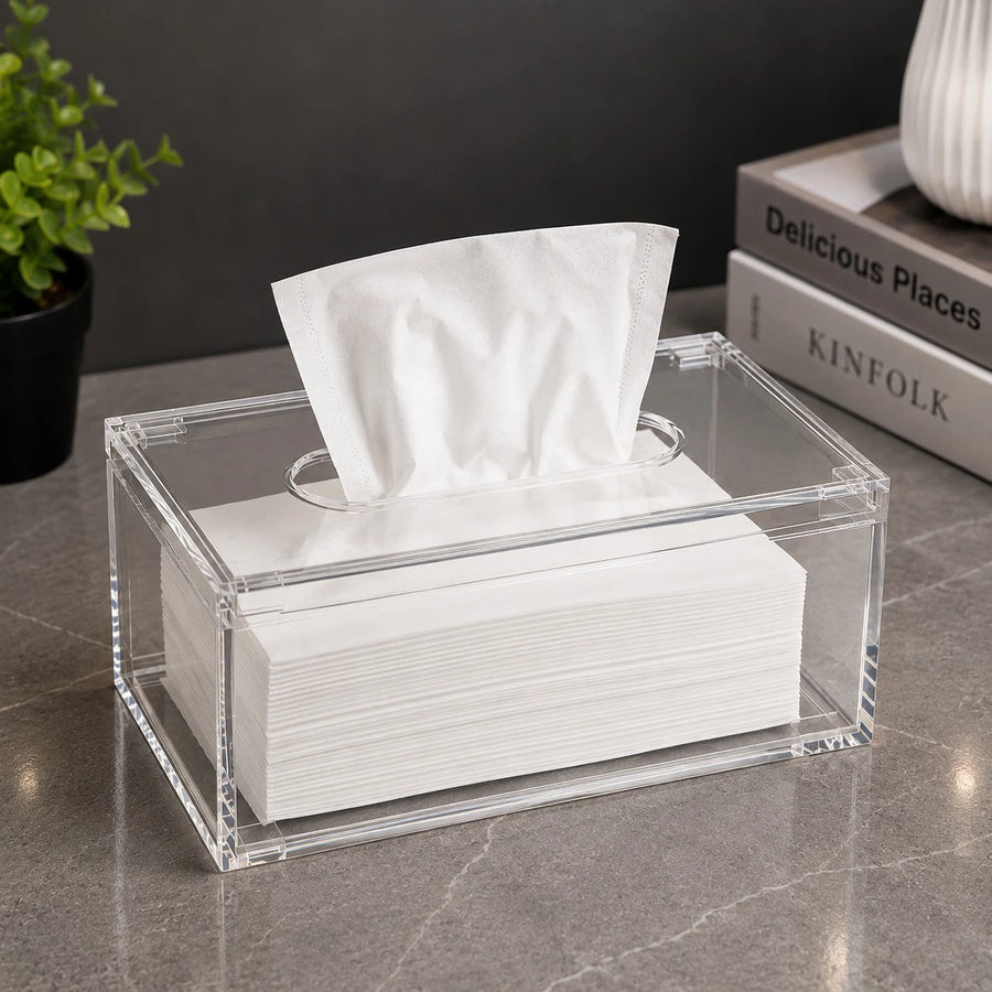 Clear Acrylic Tissue Box Cover Transparent Tissue Holder Tissue Storage Box Modern Desktop Tissue Dispenser Bathroom Office Tissue Organizer