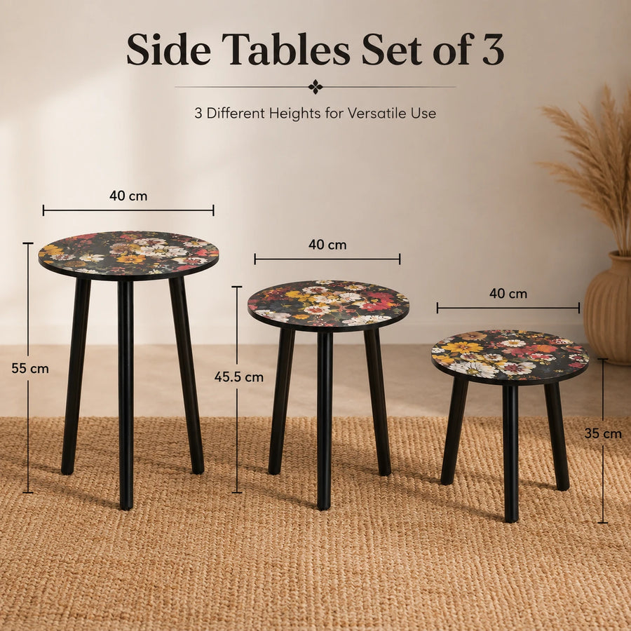 Floral Nesting Side Tables Set of 3 | Round Coffee Tables for Living Room Bedroom & Office
