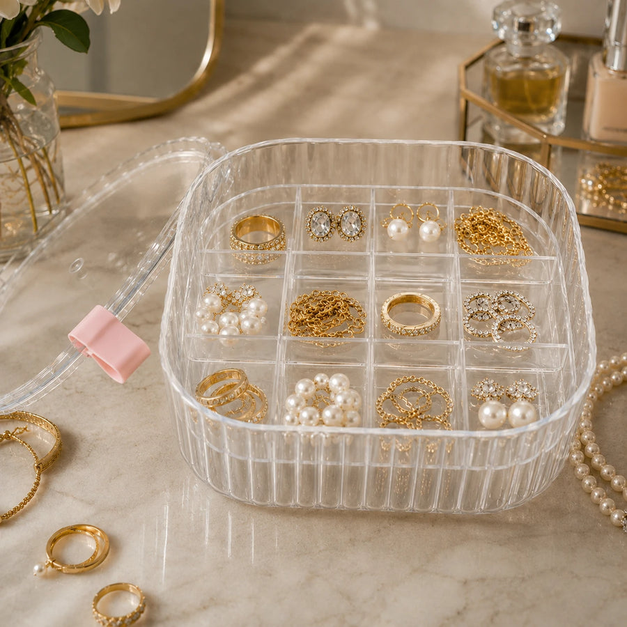 Transparent Jewelry Organizer Box with 34 Compartments Portable Acrylic Storage Case