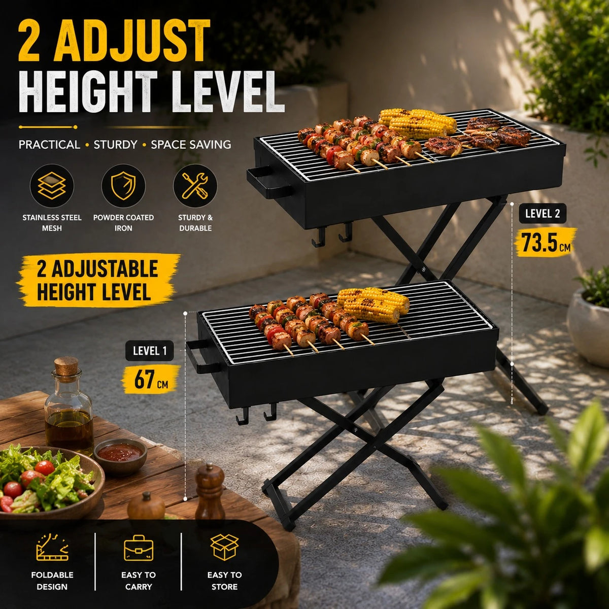 Portable Foldable Charcoal BBQ Grill Adjustable Height Camping Barbecue Grill Outdoor Picnic Grill