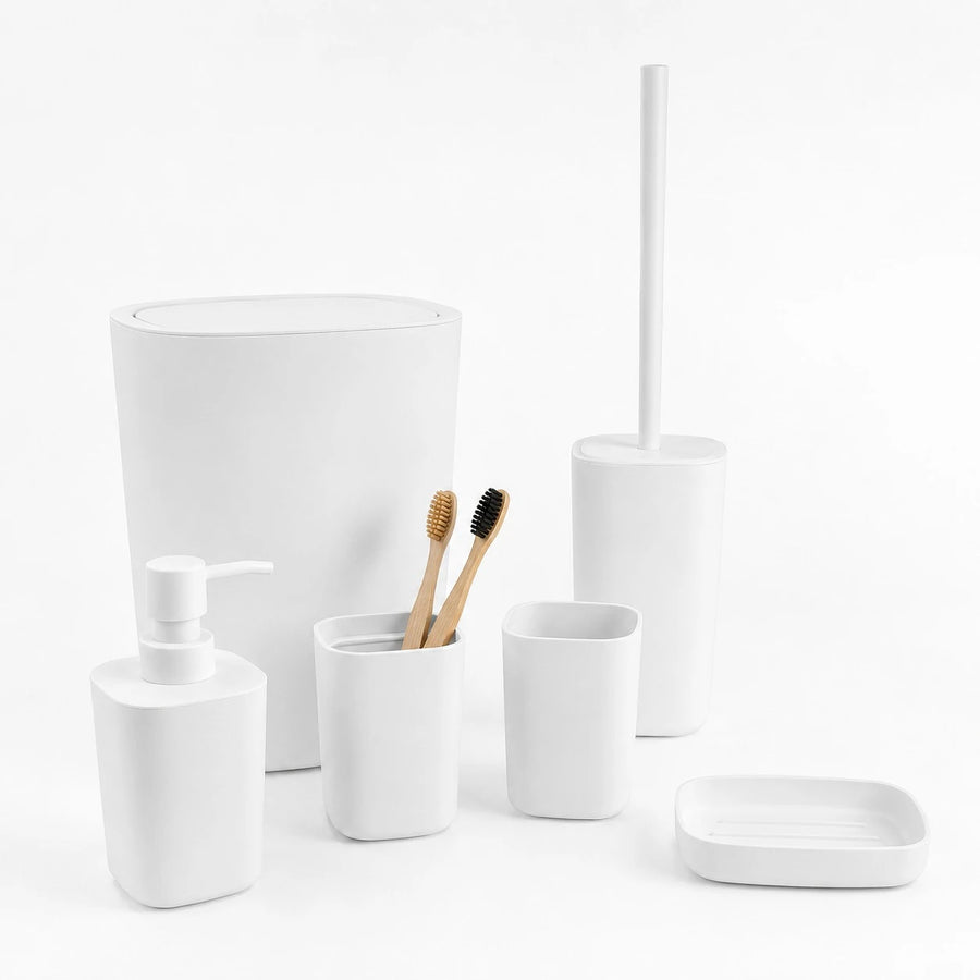 6 Piece White Plastic Bathroom Accessories Set with Trash Bin Soap Dispenser Toothbrush Holder Tumbler Soap Dish and Toilet Brush