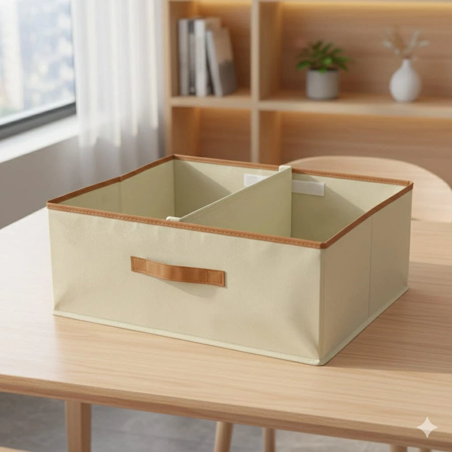 Foldable Clothes Organizer Box with 2 Sections – beige Non-Woven Wardrobe & Underbed Storage 50 × 40 × 20 cm
