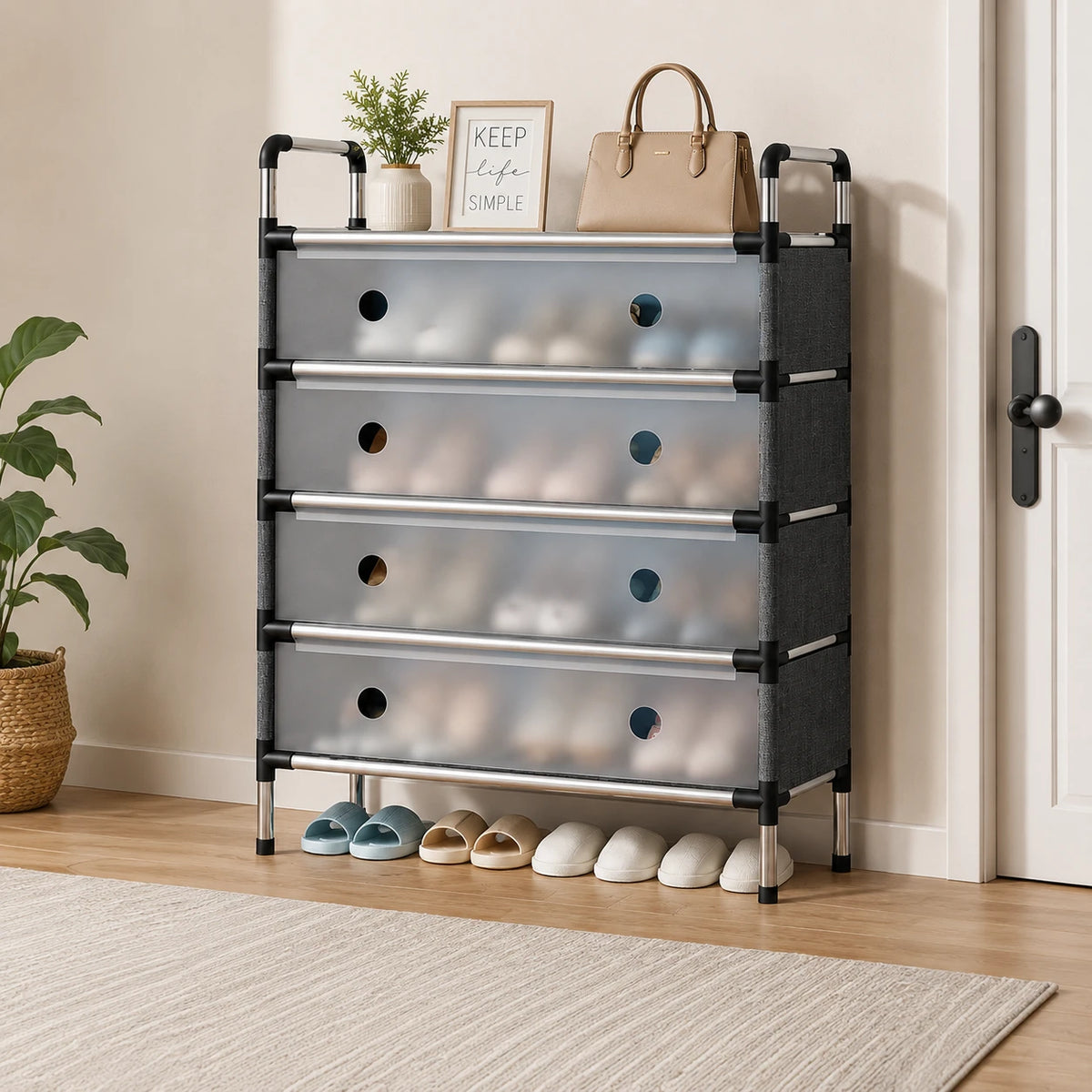 4 Tier Shoe Rack with Dustproof Cover Large Capacity Space Saving Shoe Storage Organizer with Handles