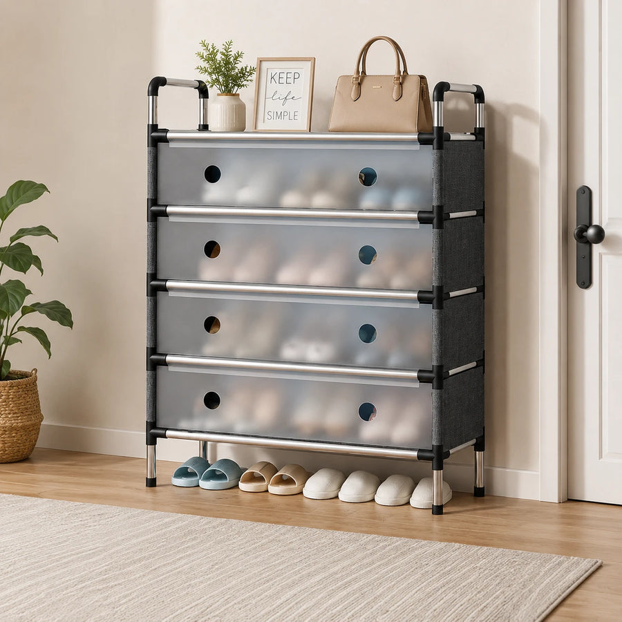 4 Tier Shoe Rack with Dustproof Cover Large Capacity Space Saving Shoe Storage Organizer with Handles
