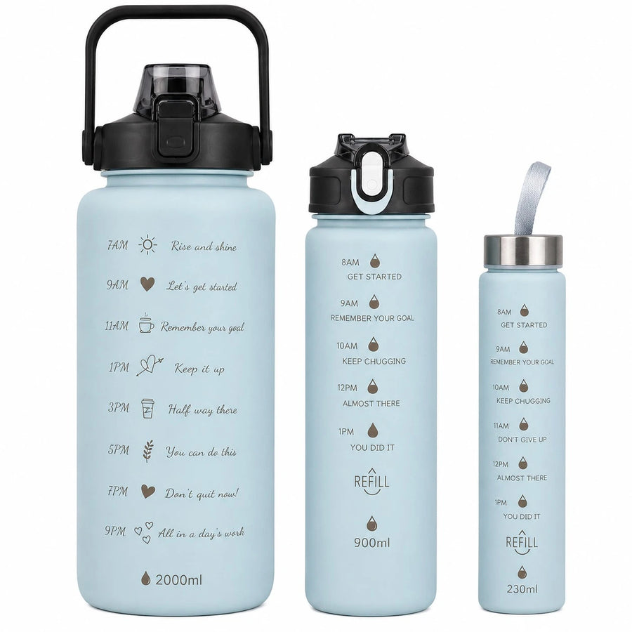 3 Piece Motivational Water Bottle Set 300ML 700ML 2000ML Reusable Sports Gym Fitness Hydration Bottles with Handles