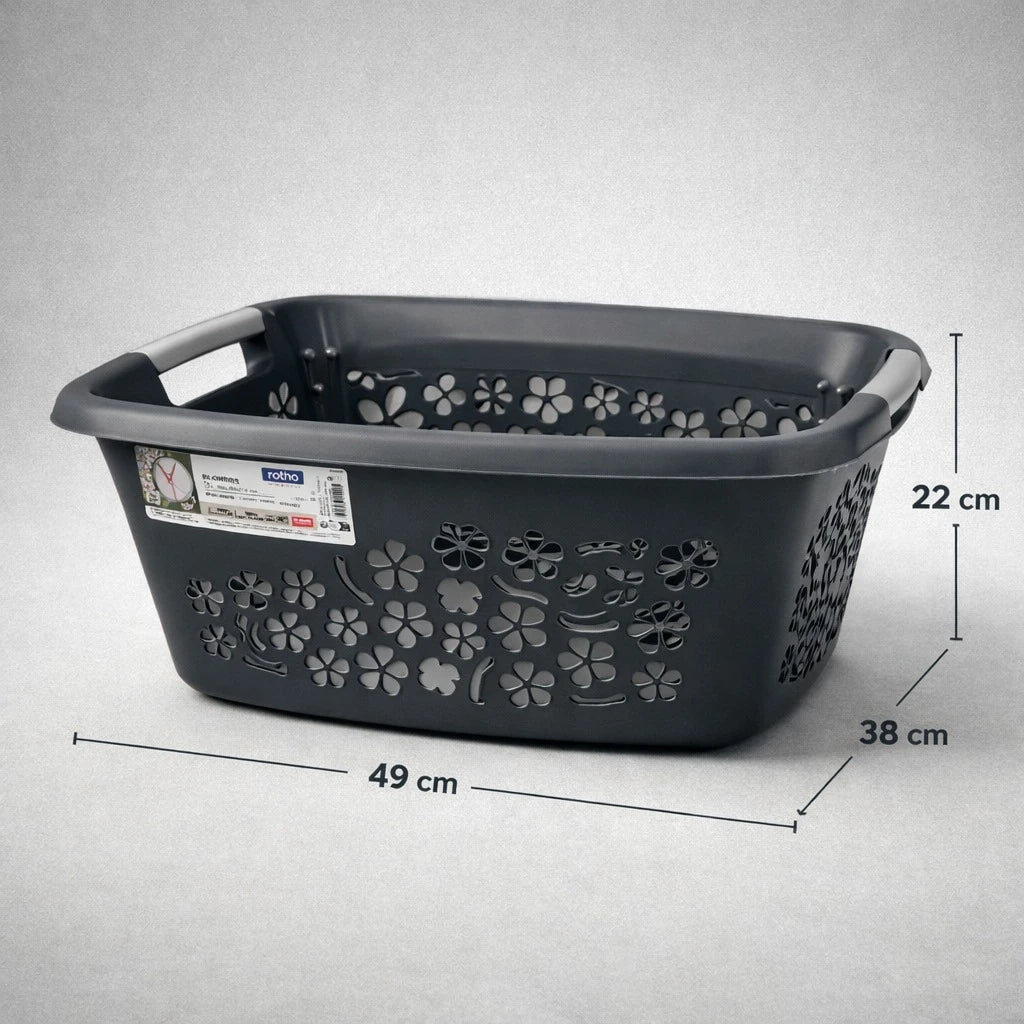 Rotho Laundry Basket Plastic Storage Basket Organizer Clothes Hamper Flowers Design Swiss Made 25L